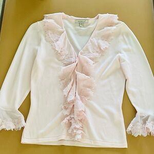 Moiselle Pink  Ruffled 3/4 Sleeve Blouse with Lace.